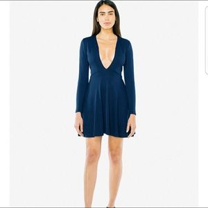 American Apparel Navy Blue Deep V Neck Skater Dress - Size Medium